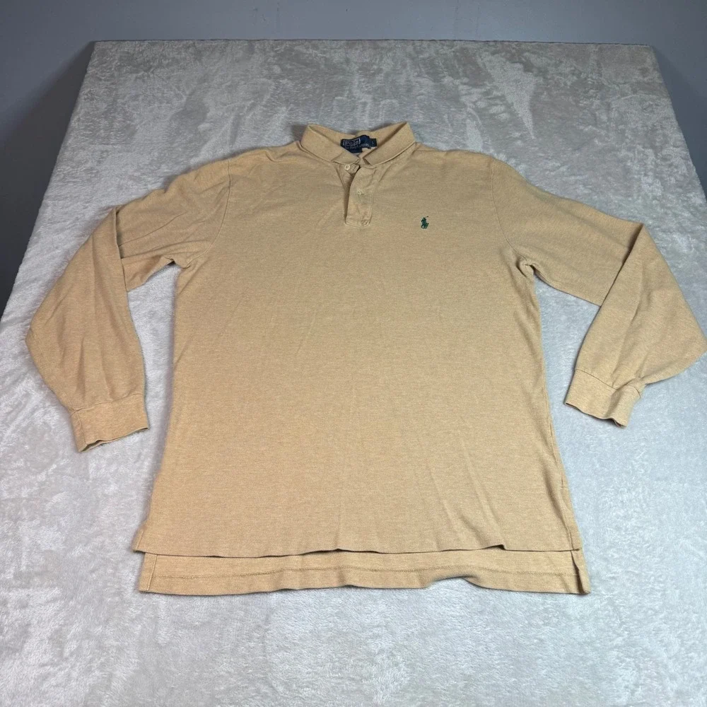 Polo Ralph Lauren Mens Long Sleeve Pique Polo Shirt Tan Beige Size Large